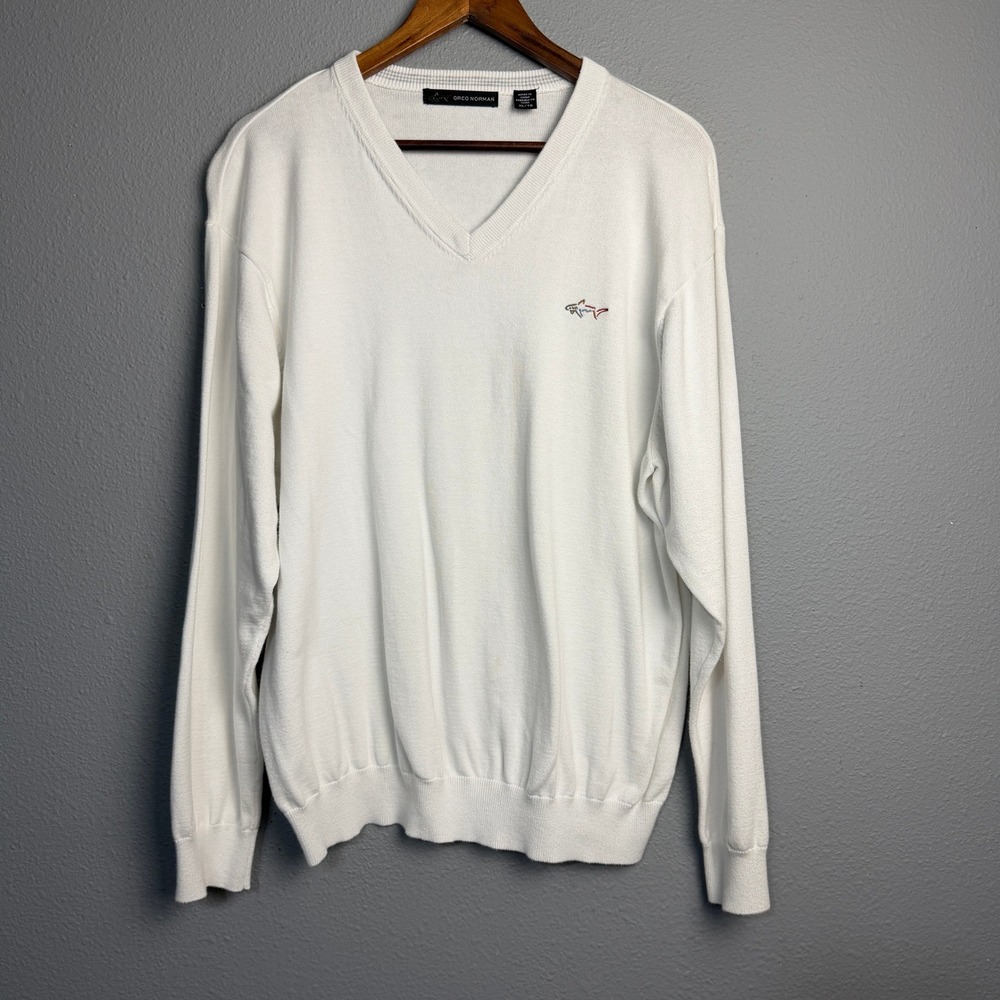Greg Norman White Cotton V-Neck Performance Long Sleeve Sweater Golf Shark XL